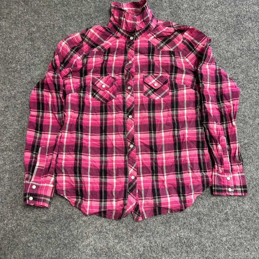 Op Button Down Womens Size S Pink Black Plaid Western Snap Long Sleeve Cotton